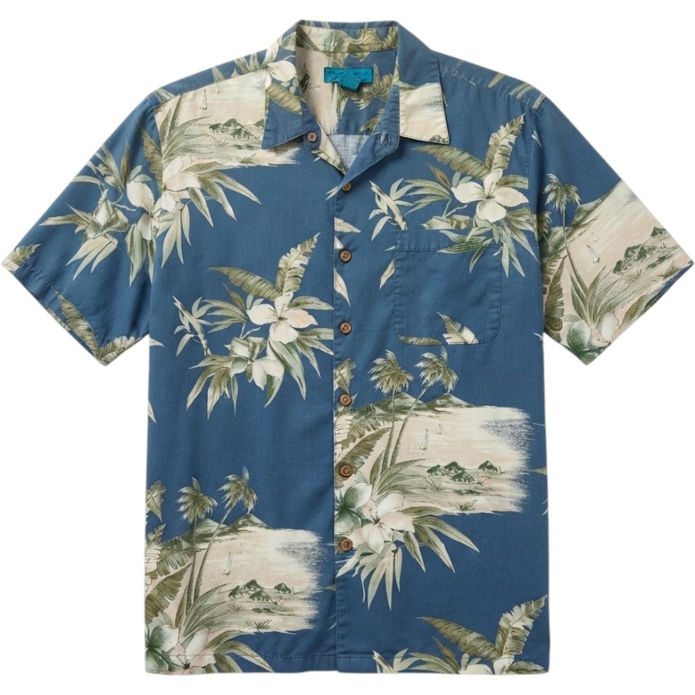 Paradise Blue Shirt Mens L Blue Tropical Aloha Palm Tree Hibiscus Button Up